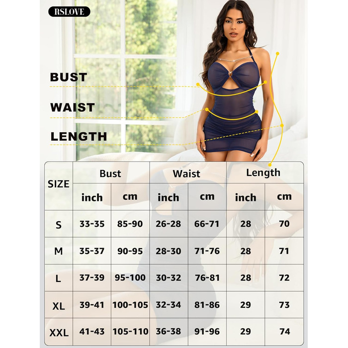 RLOVE Ніжна піжама-комбінезон для жінок - Babydoll, прозора мереживна білизна, нічне вбрання, чорний (L, Морська синя)