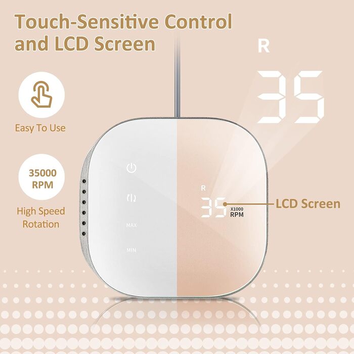 Професійний електричний апарат для манікюру та педикюру Madenia TouchPro 35000 об/хв для гель-нігтів та штучних нігтів, з HD-дисплеєм та набором з 6 фрез, рожевий