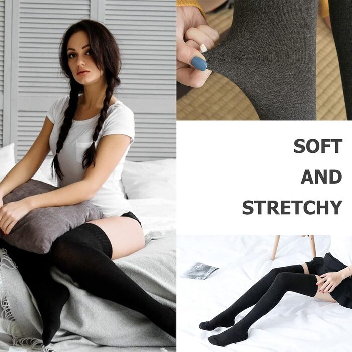 DRESHOW 3 пари дамських панчіх-шкарпеток над коліном, високі шкарпетки в смужку (бордовий, чорний, сірий)