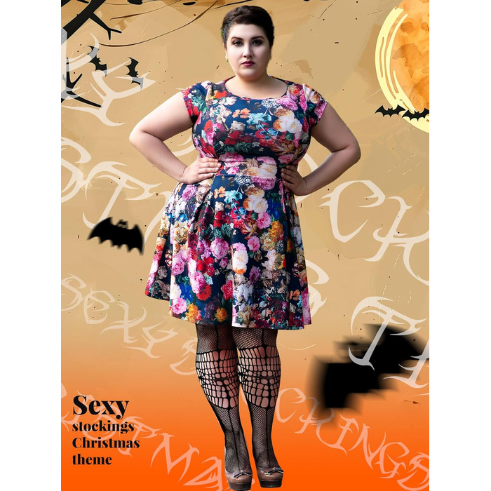 Чулки сітчасті жіночі великих розмірів Jadive 6 пар, 6 шт. Чорні, з черепом, з стріжками, XL-XXXXL