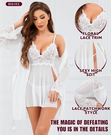 RLOVE Комплект ніжної піжами для жінок: халат, нічна сорочка, мереживний боді. Розмір L, білий.
