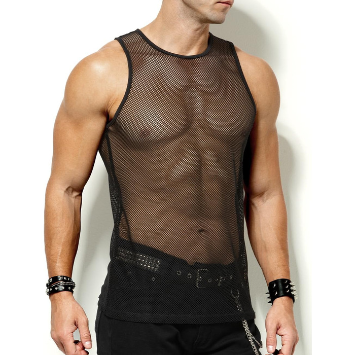 Чоловіча майка-сітка Casey Kevin Herren Netz Tank Top, прозора, з круглим вирізом, для клубної моди, чорна A1