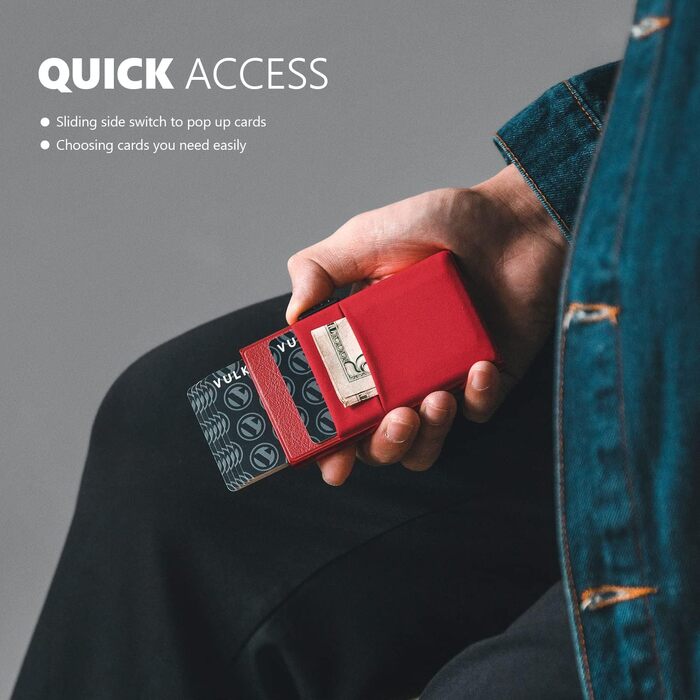 Стильний металевий гаманець для карток VULKIT з RFID-захистом, Pop-Up механізмом, EDC-відсіками та вікном для ID-картки, червоний