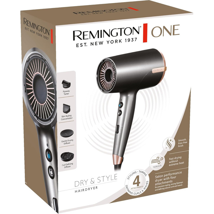 Фен для волосся Remington ONE D6077 з іонізацією та 4 насадками (дифузори, концентратори), 8 режимів роботи, швидка сушка