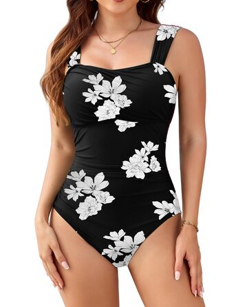 Світшот купальник жіночий цілісний з животом Push Up, вінтажний, великий розмір, чорний з білими квітами