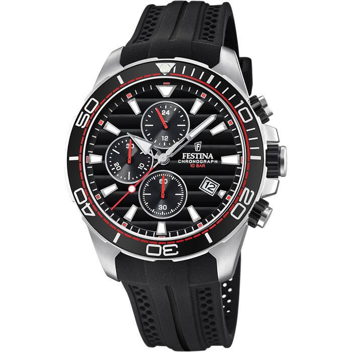 Чоловічий спортивний годинник Festina Chronograph F20370: кварцовий механізм, аналоговий дисплей, водонепроникність 10 ATM, чорний гумовий ремінець