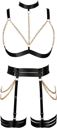 Комплект корсет, бра, стрінги з ремінцями, чорний. Бра-комбінезон, готичний стиль, для танців та Хелловіну