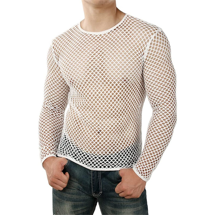 Прозора чоловіча футболка-майка з довгим рукавом для клубу та вечірки, білий топ (M)