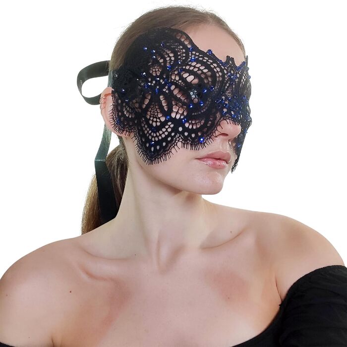 Чорна маска з мереживом та блакитними стразами для жінок - венеціанська маска для маскараду, карнавалу, Хелловіну, вечірки, Фашінгу, костюмного балу, ручної роботи, елегантна маска для очей чорного кольору (з блакитними стразами)