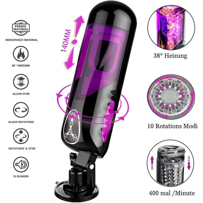 Мастурбатор з підігрівом для чоловіків, 10 режимів ротації та 10 телескопічних режимів