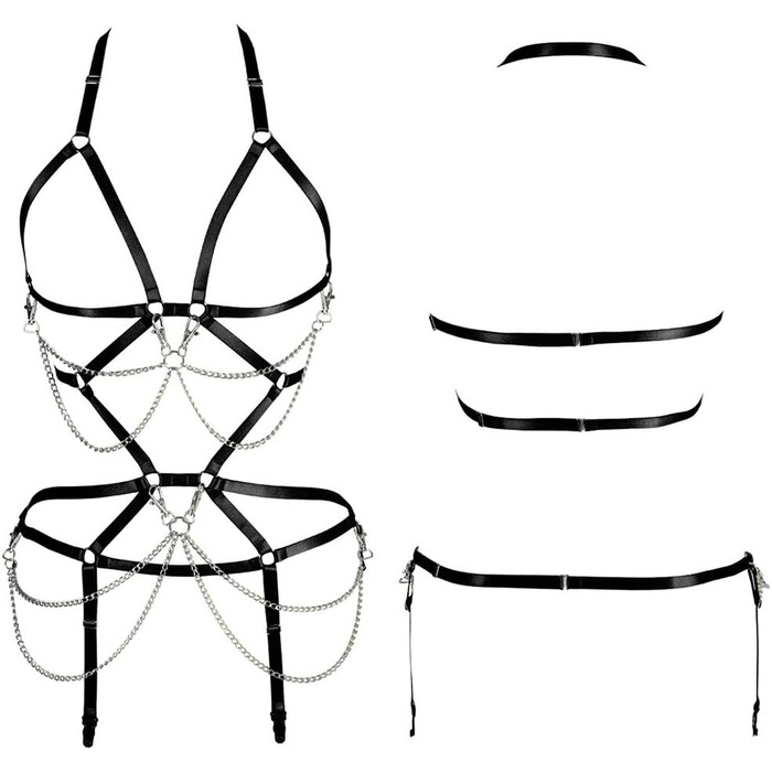 Комплект жіночий: бюстгальтер-корсет, спідниця-рок, стрінги, ремінь, чорний, для танців, Хелловін