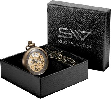 Механічний кишеньковий годинник ShoppeWatch з ланцюжком для чоловіків, ручний завод, відкритий прозорий циферблат, стімпанк аксесуар у стилі 1920-х років (Бронзовий)