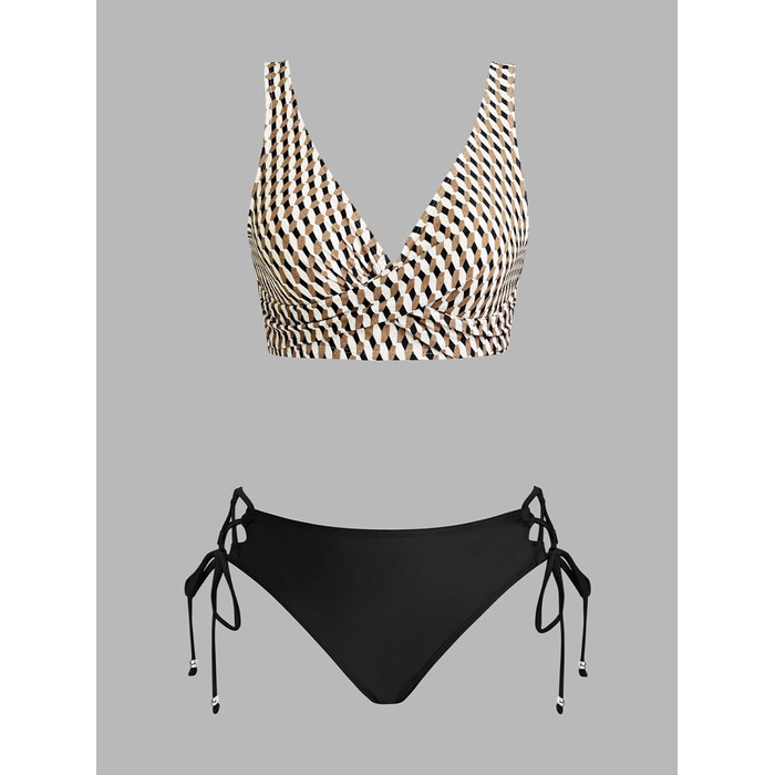 CUPSHE Bikini Set для жінок: плетена оптика, принт бумеранг, низька посадка, шнурівка, двочастинний купальник. Розмір M, чорний/бежевий, геометричний принт.