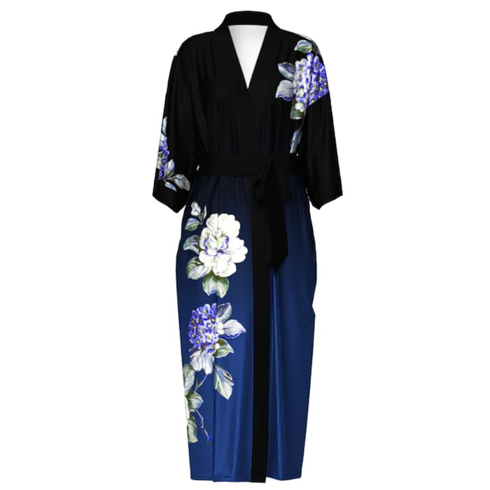Жіночий халат-кімоно з довгим атласним рукавом, принт квітів, атласний, для вечірки, весілля, bridesmaid robe, універсальний розмір (перехідний колір, темно-синій - півонія)