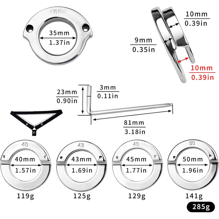 Чоловічий пояс для контролю (кайдани) з нержавіючої сталі - металевий когтей для статевого члена з регульованим замком - набір для кайданів BDSM з кільцями для статевого члена, для чоловіків (L 43 мм)