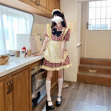 Сукня Лоліта в клітинку TTYAO REII з нагрудником, Короткий рукав, Костюм для косплею, Сукня для Хелловін, XXL, Темно-червоний, Бежевий