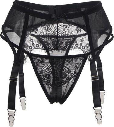 Жіночий мереживний стрінг-ремень, великі розміри, сексуальний стрінг для стегон, з 4 вінтажними ремінцями, кліпсами, чорний (10)