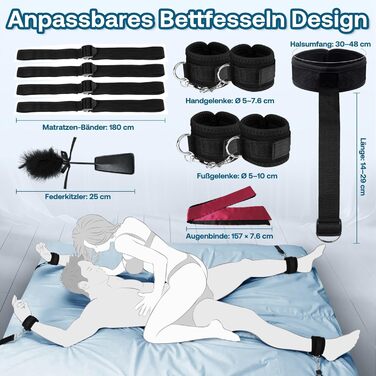 Набір для БДСМ-фетишу: комплект для пар, з наручниками, фіксаторами для ніг, пов'язкою на очі та пір'ям. Регульовані фіксатори від шиї до зап'ястя. Чорний колір.