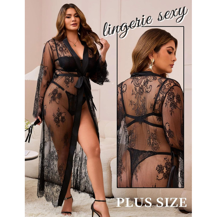 Кимоно жіноче довге мереживне пляжне сукня великих розмірів. Прозорий халат, піжама, бікіні, кардиган з поясом. Чорний колір.