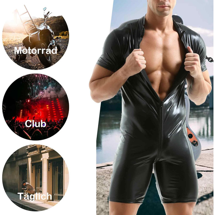 Чоловічі шорти QiaTi без рукавів з блискавкою, легінси з екошкіри, боді з двома кишенями для повсякденного та клубного стилю (XL, чорний)