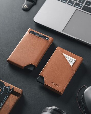 Гаманець-картхолдер VULKIT Pop-up з RFID-захистом, металевий алюмінієвий чохол для карток з відділенням для купюр та монет, натуральна шкіра (Коричневий)