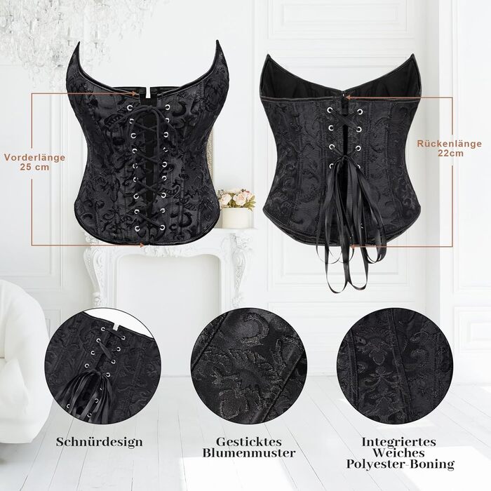 Жіночий корсет WHIPPY Vintage Gothic Overbust — чорний бюст'є з шнурівкою, розмір M