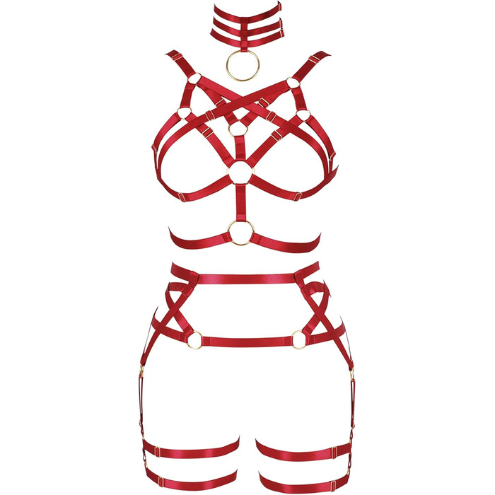 Жіночий корсет-накидка з ремінцями Банссгот. Набір сексуальної білизни в готичному стилі, червоний колір. Регульований розмір, стрінги, готичний раве-стиль