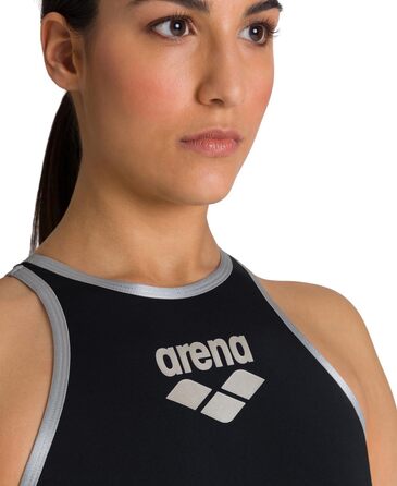 Купальник жіночий arena One Big Logo Badeanzug 32 Black-silver - швидковисихаючий, спортивний, з MaxLife Eco (50+ UV-захист)