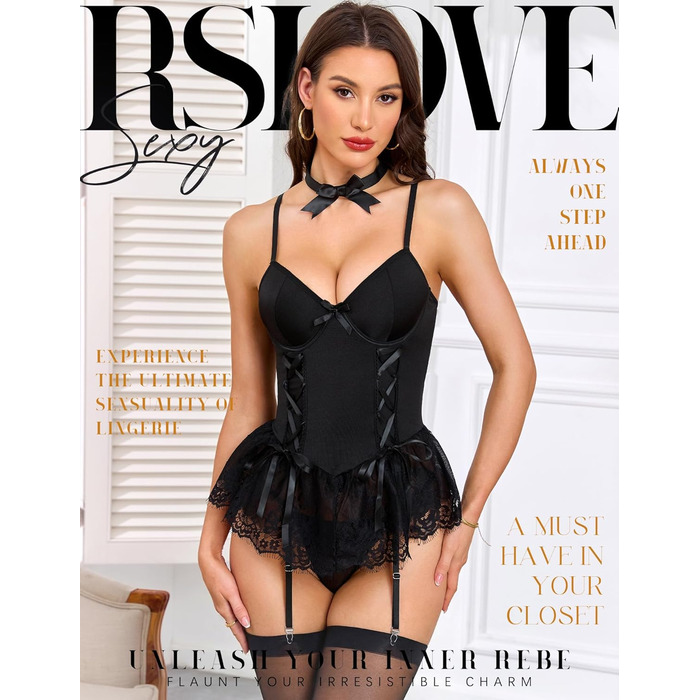 Сексуальний комплект білизни RSLOVE: бебі-дол з V-подібним вирізом, корсет, пояс для панчох та панчохи (L, чорний)