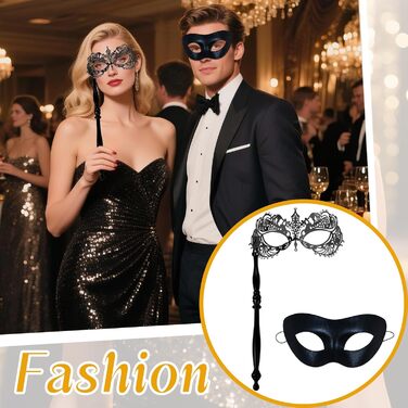 Маска для маскараду Venice Mask Set JewelryWe - пара масок з держателем, металева, з кристалами, чорна, аксесуари для карнавалу, Хелловіну, вечірки, маскарад