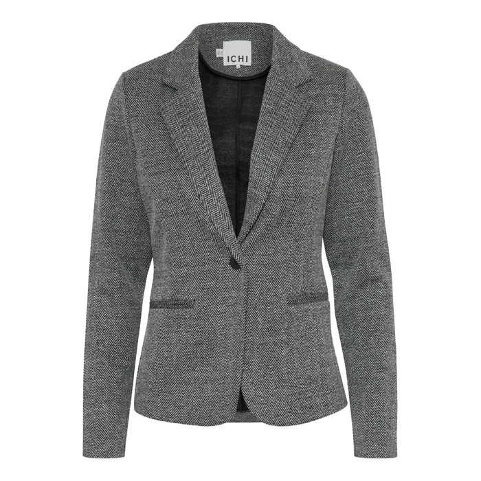 Жіночий жакет ICHI IHKATE з жакардового тканини Slim Fit, чорно-білий в їлочку, з V-подібним вирізом та одним ґудзиком, розмір L
