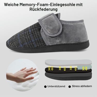 Чоловічі теплі домашні капці TIESTRA для літніх людей з Memory Foam, широка стопа, флісові тальпочки з липучкою (41 EU, сірі в смужку)