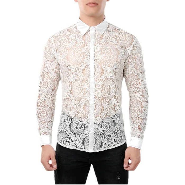 Чоловіча сітчаста сорочка з прозорою сіткою Bollrllr для клубів, вечірок та свят, Slim-fit, мереживо, прозорий топ (L, візерунок 5)