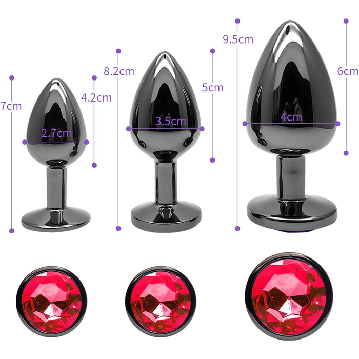 Набір анальних пробок 3 шт. з металу (Gunmetal) - велика, середня, мала. Підходить для початківців, жінок, чоловіків, пар.