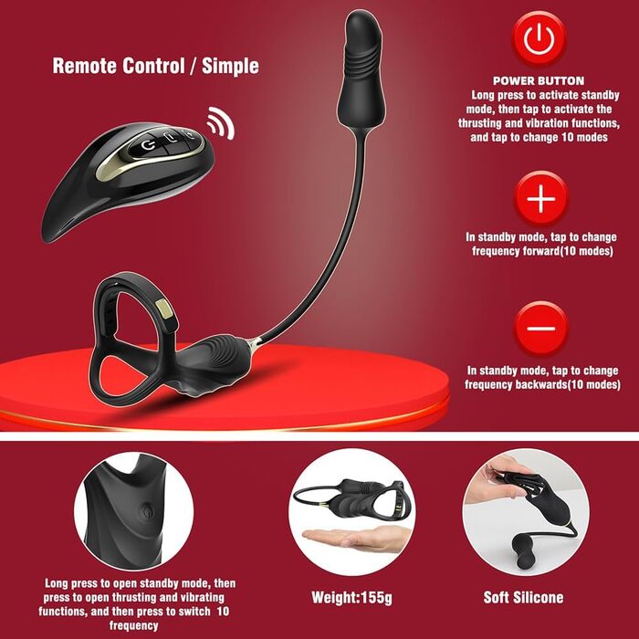 Масажер простати для чоловіків NAIXBTY з кільцем на пеніс, пультом дистанційного керування та телескопічним вібратором. 10 режимів вібрації + режим штовхання. Інтимні іграшки для чоловіків