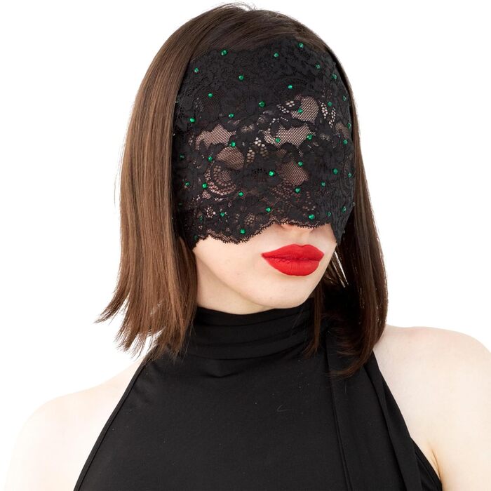 Маска для обличчя з мережива з чорного кольору з зеленими стразами, еластична мережива, атласна стрічка, маскарадний костюм чорного кольору (зелені стрази)