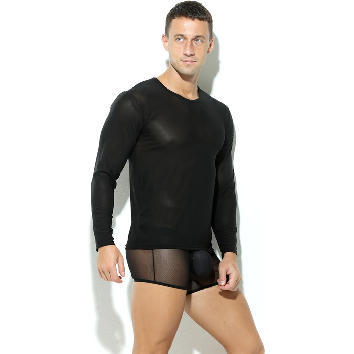 Чоловіча футболка з довгим рукавом, прозора, сітчаста, облягаюча, чорна (XXL)