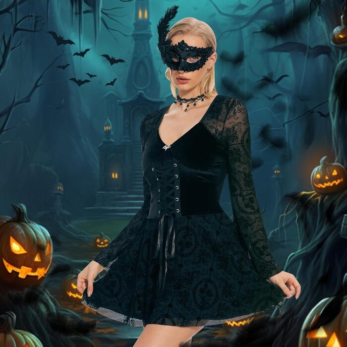 Сукня готична для жінок Herenear, мереживна чорна сукня - з масками та намистом, костюм на Хелловін/Карнавал, ретро середньовічна сукня вампіра, костюм для косплею, коротка чорна сукня XL