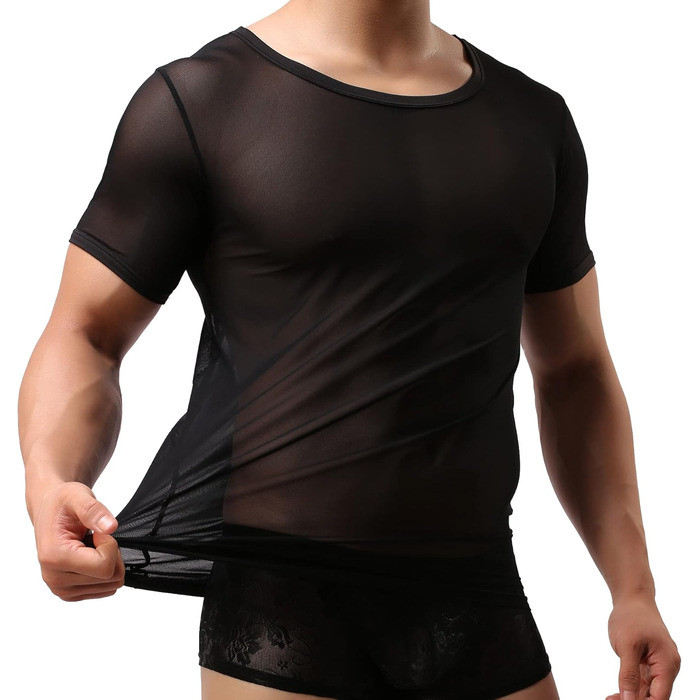 Чоловіча прозора футболка, мереживна сорочка, облягаючий крій, сексуальна білизна, чорний колір, розміри S, M, L, XL