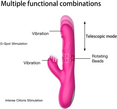 Силіконовий вібратор-дилда для жінок з 3 телескопічними функціями, 10 режимів вібрації, ротаційні функції, червоний колір
