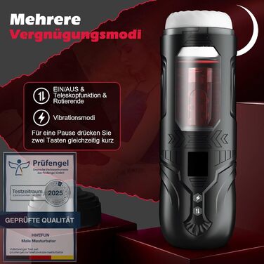 Електричний мастурбатор для чоловіків HIVEFUN з 7 режимами вібрації, ротації та імпульсу. Чорний, для особистого використання.