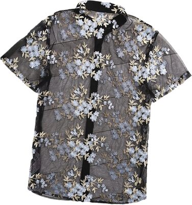 Чоловіча сорочка з коротким рукавом, квітковий вишитий мереживний топ, прозора сорочка, чорний колір, розмір XXXXX-Large