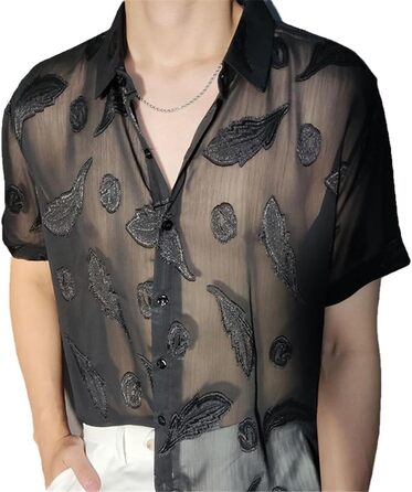 Прозора сорочка з коротким рукавом для чоловіків Yeuyyben - сексуальна сорочка для клубу (EU L-XL, 85-90KG)