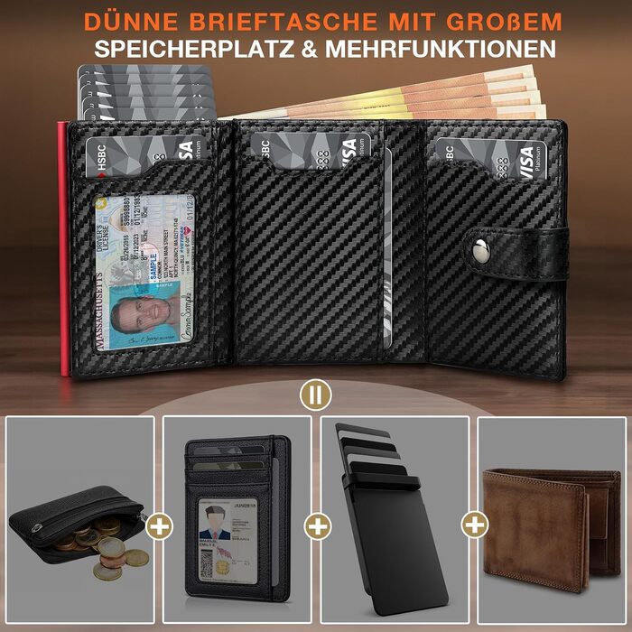 Чоловічий шкіряний гаманець TENBST з RFID-захистом, монетницею та відділеннями для 8-10 карток, Slim Wallet (Чорний та Помаранчевий/Червоний)