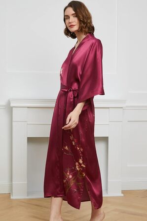 Шовковий халат-кімоно Ledamon для жінок, довгий, 100% шовк, класичний квітковий халат, нічна сорочка, універсальний розмір, бордовий