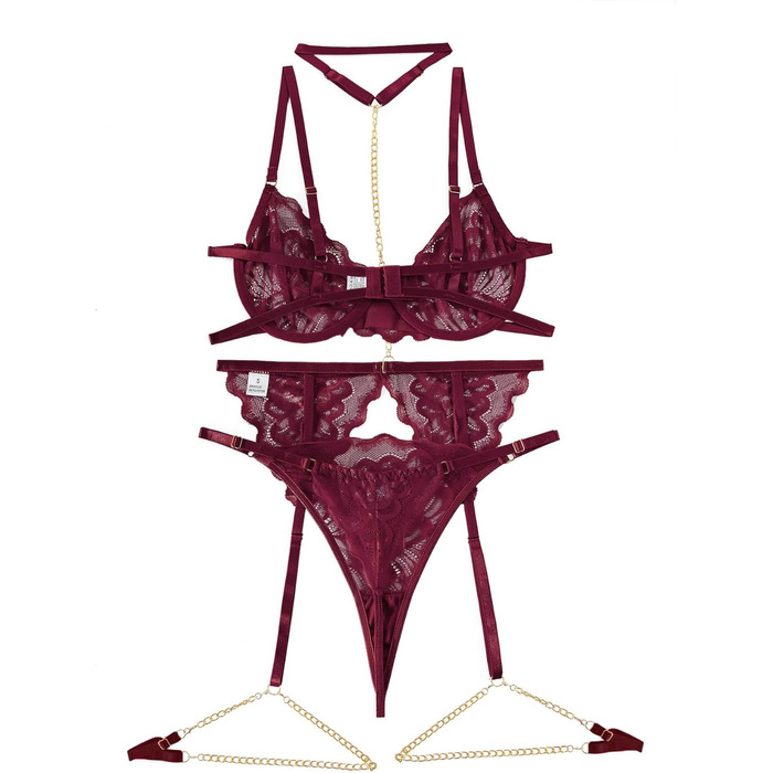 Сексуальний комплект нижньої білизни Lilosy з чокером, мереживний з квітковим візерунком, Push-up, стрінг, для жінок, прозорий бюстгальтер та труси, 3-частини (XXS, ланцюжок Бордовий)