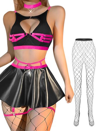 Комплект сексуальної білизни: панчохи, чокер, галстук-стріжку, бюстгальтер з кісточковою підтримкою, спідниця - 5 предметів. Чорний/Гарячий рожевий