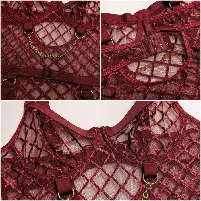 Боді-комбінезон жіночий мереживний SINROYEE з шкіряними вставками, червоний, розмір XL