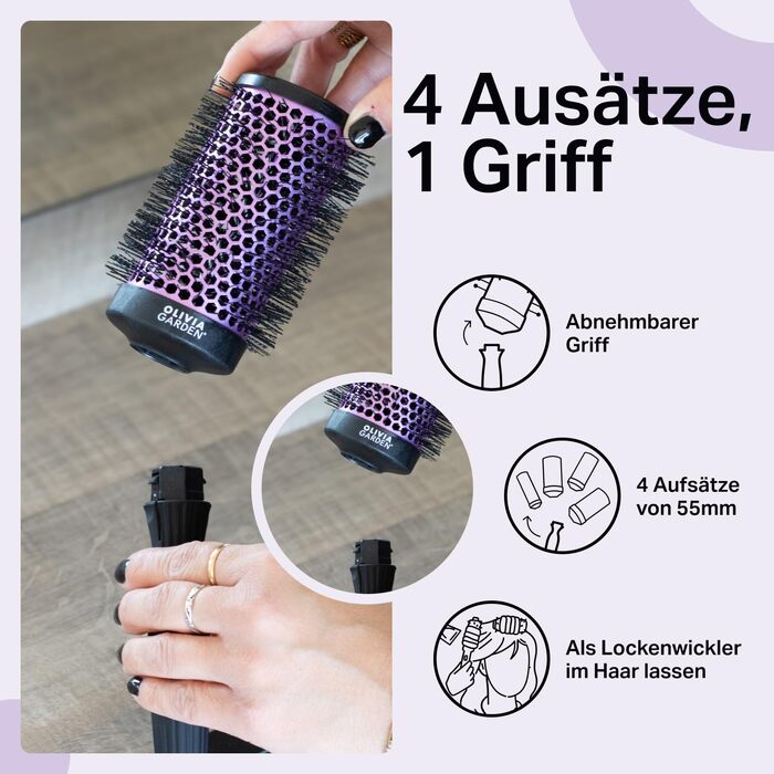 Набір багатофункціональних брашинг-щіток для волосся Olivia Garden Multibrush Curlers Kit (4 насадки та ручка), для створення локонів та об'єму, 55 мм