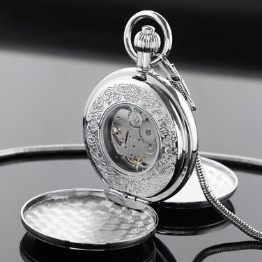 Скелетон-годинник кишеньковий Tiong Vintage Steampunk з ланцюжком, механічний годинник з римськими цифрами в подарунковій коробці, сріблястий (44 Silber)